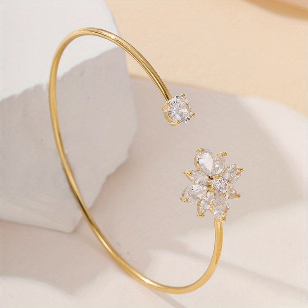 High-end Light-luxury Floral Copper Bangle With Zircon Inlays And An Open Design