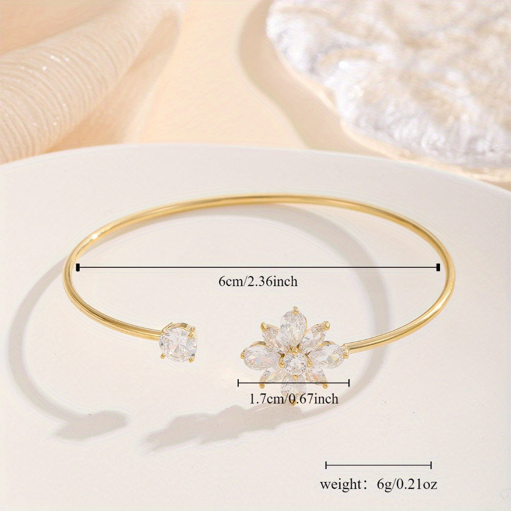 High-end Light-luxury Floral Copper Bangle With Zircon Inlays And An Open Design