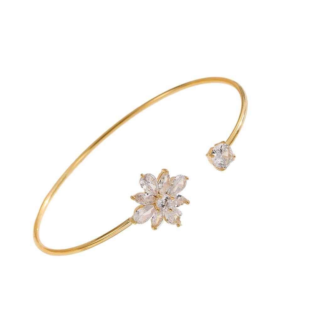 High-end Light-luxury Floral Copper Bangle With Zircon Inlays And An Open Design