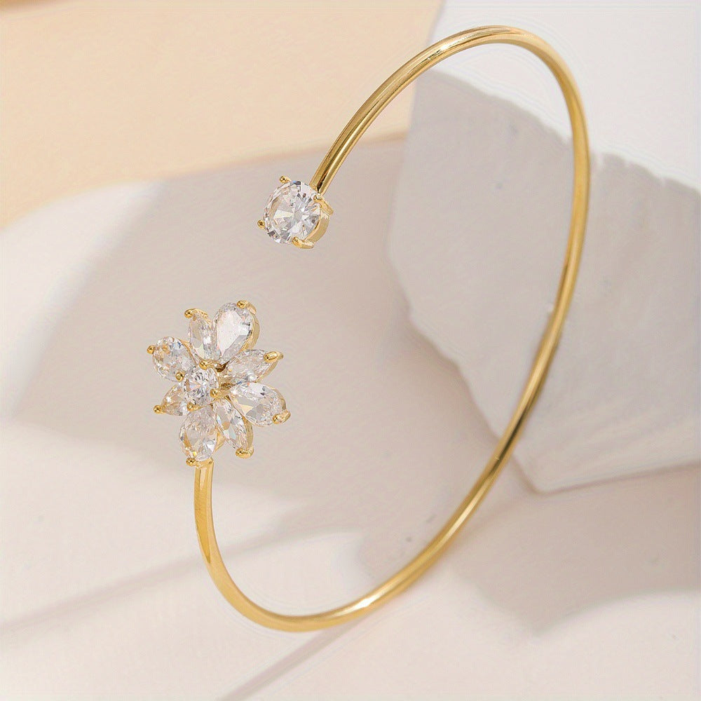 High-end Light-luxury Floral Copper Bangle With Zircon Inlays And An Open Design